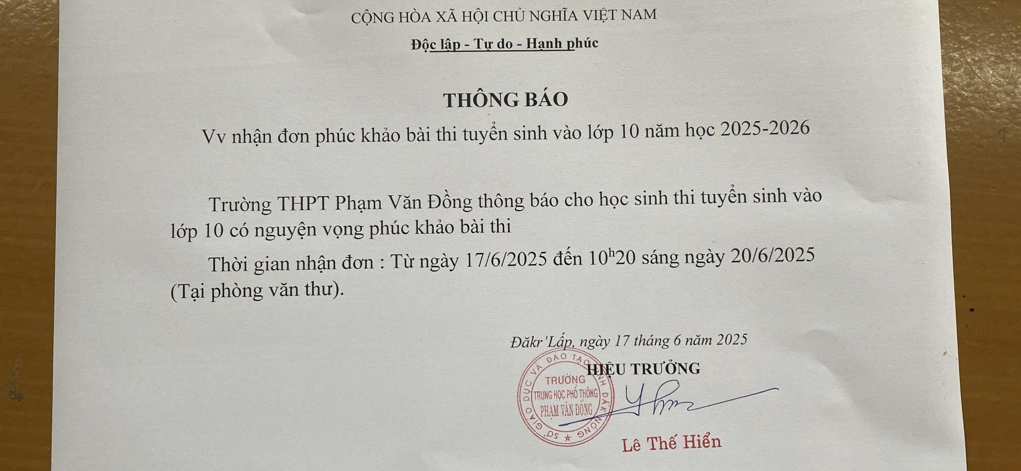 Thông báo: về việc phúc khảo bài thi tuyển sinh vào lớp 10